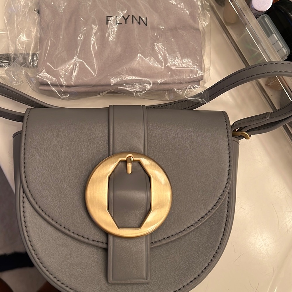 Flynn Grey Leather Bag Crossbody Clutch New Gold Buckle Dust Bag included